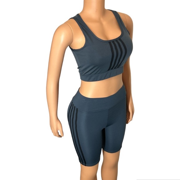 AQ - Sport Activewear Gray Black striped Biker Short 2 piece Set Size M NWT - Picture 11 of 17